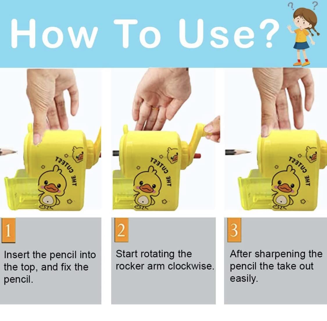 Qbic Cutest Duck Novelty Pencil Sharpener, Children's Handheld Pencil Sharpener, Desk and School Stationery